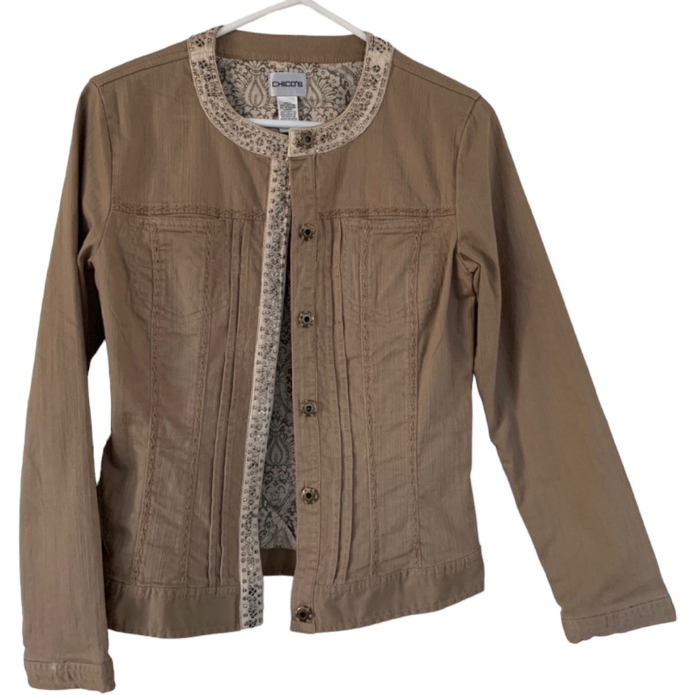 Chico’s cotton jacket tan embroidered beaded light weight